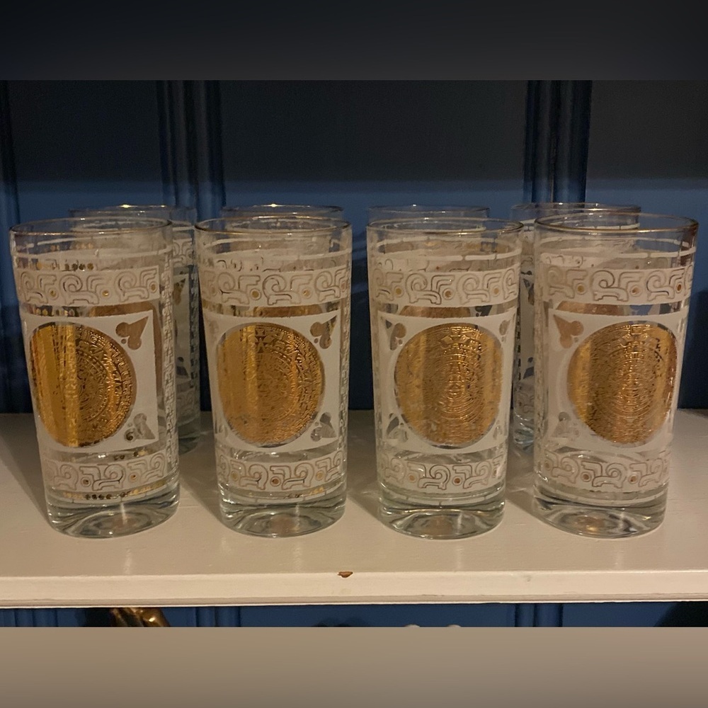 mid century modern Hazel Atlas Frosted and Gilded Aztec Tumbler Cocktail Glasses